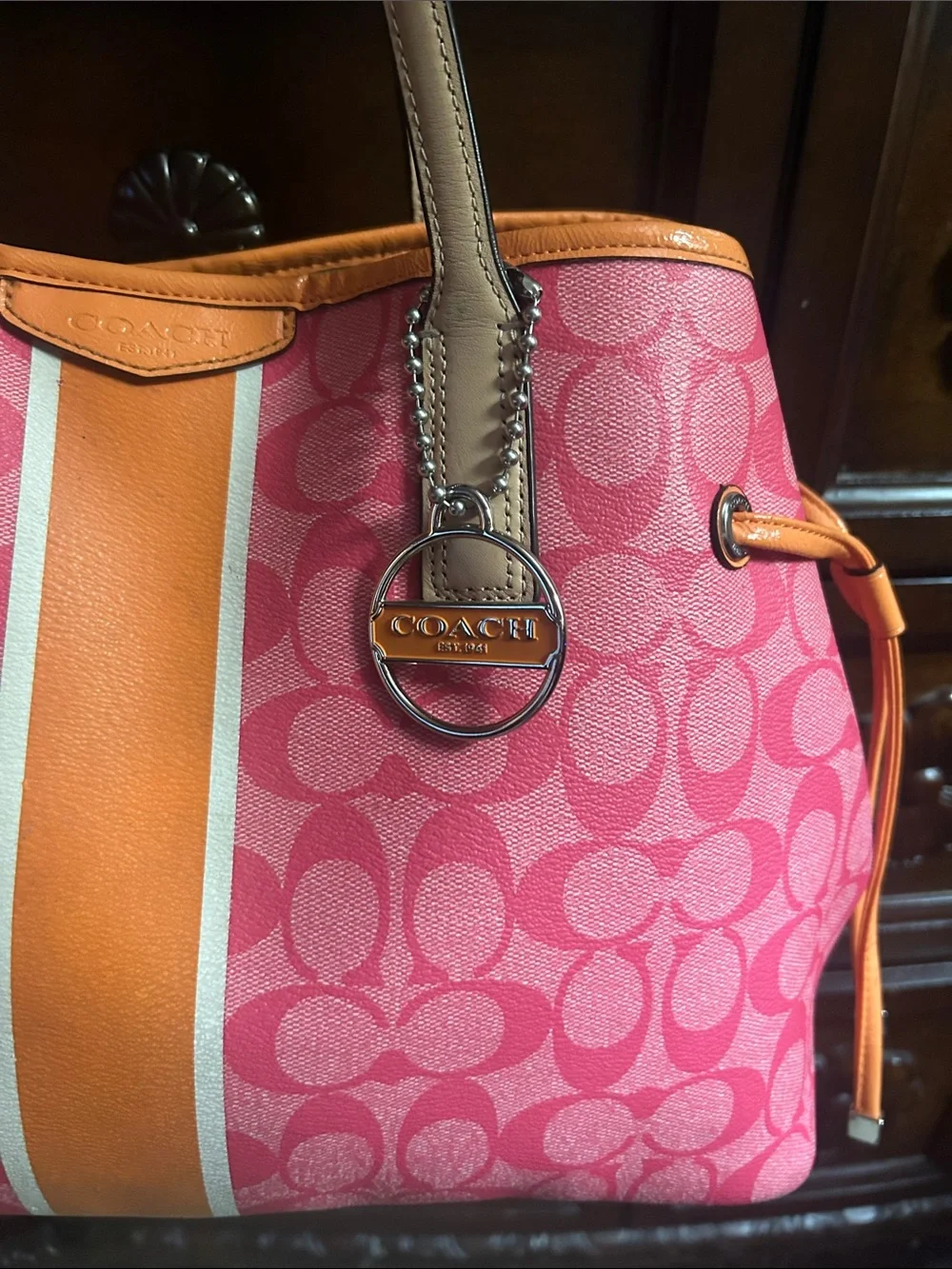 Coach Pink Signature Shoulder Tote with Orange Center Stripe and Tan Handles